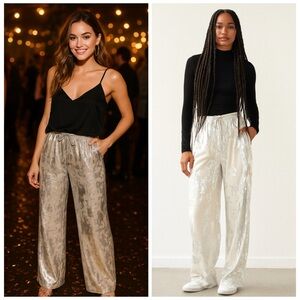 ZARA White Silver Metallic Wide Leg Sequin Pants XS NWT